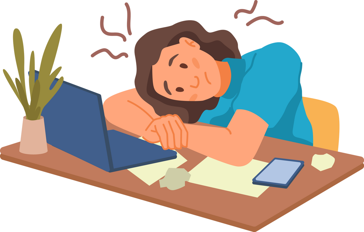 Tired sleepy woman laying at work desk exhausted